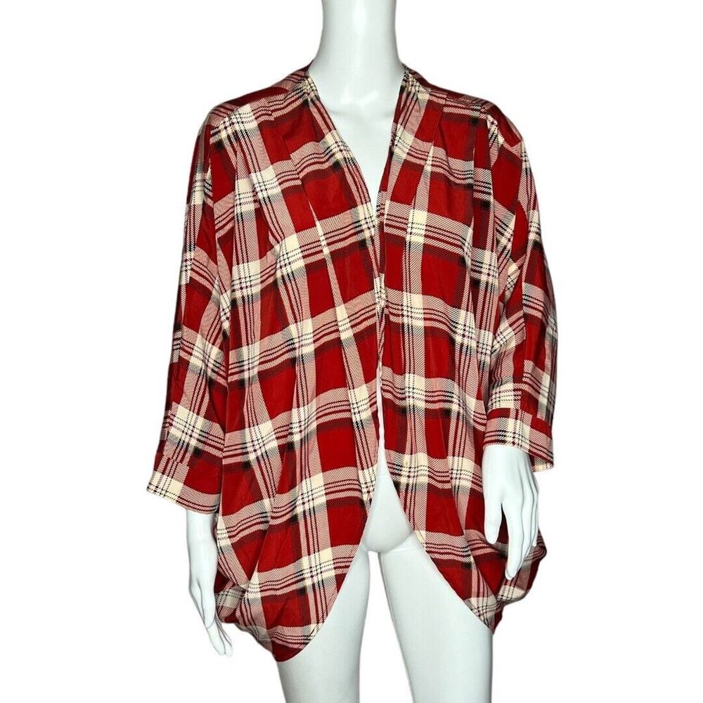 Alya Kimono Womens Small Red Cream Plaid Topper Academia Bohemian Preppy Casual
